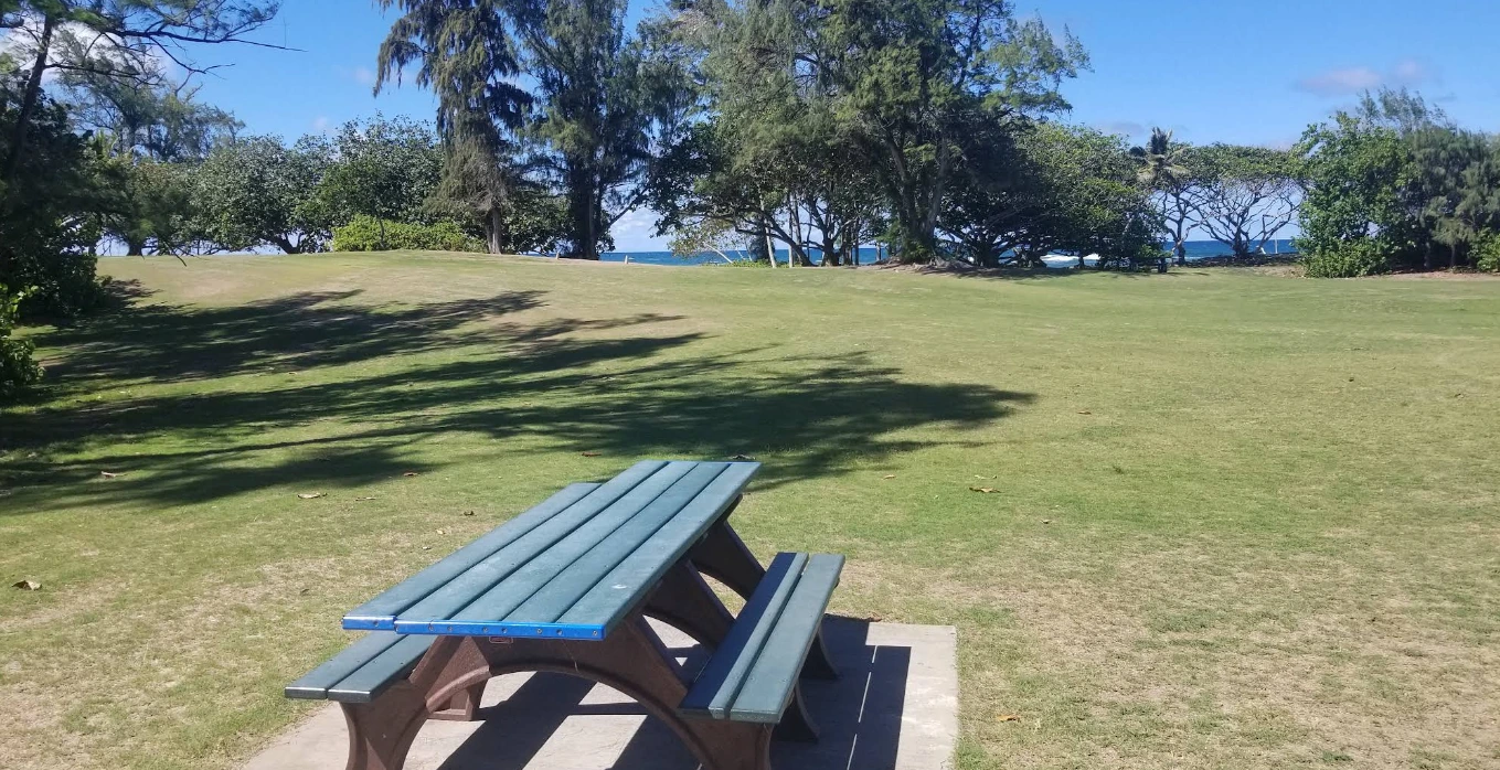 Picnic table and open grassy area at Mālaekahana State Recreation Area