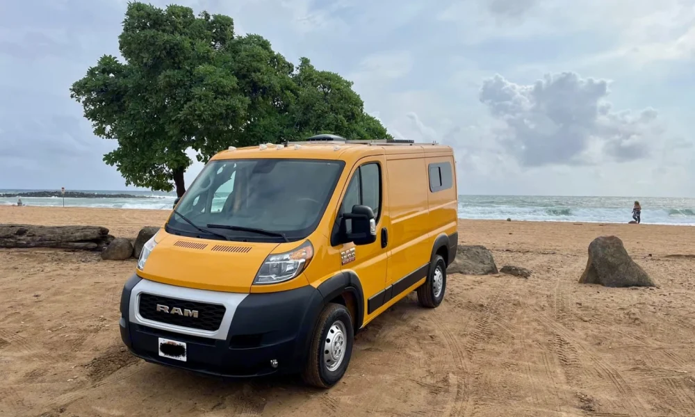 2021 Ram ProMaster camper van in Lihue, Hawaii. This custom camper van sleeps 2 guests, is 16 feet long, has a 5.0-star rating from 43 reviews, offers unlimited mileage, and is not pet-friendly.