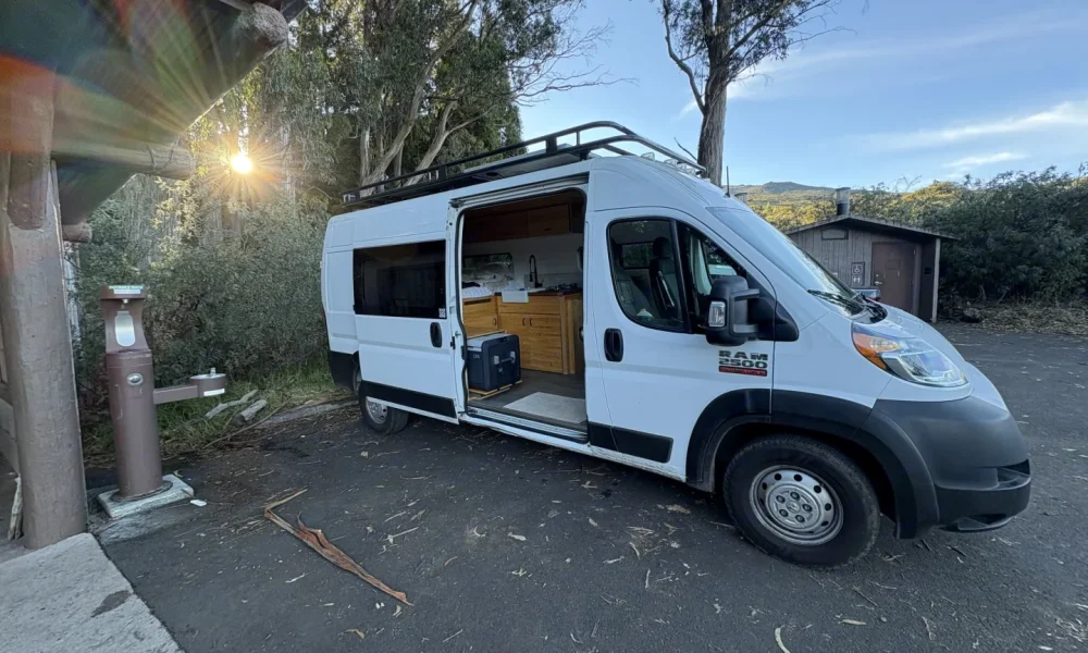 Bali, a 2021 off-grid ProMaster camper van in Kahului, Hawaii. This 19.5-foot camper van sleeps up to 3 guests, accommodates up to 4 passengers, has a 5.0-star rating from 43 trips, offers delivery within 30 miles, includes unlimited mileage and unlimited generator hours, and is not pet-friendly.
