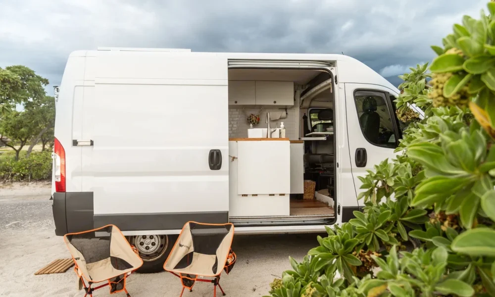 Big Island Bertha camper van in Kailua-Kona, Hawaii. This 17.75-foot camper van sleeps 2 guests with a full-size bed, has a 4.8-star rating from 30 reviews, is pet-friendly, offers unlimited mileage, and includes unlimited generator hours.