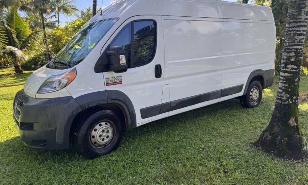 Handcrafted 2017 Ram High Roof camper van in Anahola, Hawaii. This 20-foot camper van sleeps 2 guests with a queen-size bed, has a 4.0-star rating from 4 reviews, offers delivery within 20 miles, includes unlimited mileage and unlimited generator hours, and is not pet-friendly.