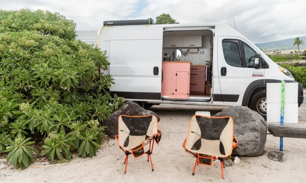 Laverne: The Pink Campervan in Kailua-Kona, Hawaii. This 17.75-foot camper van sleeps 2 guests, has a 5.0-star rating from 7 reviews, is pet-friendly, offers unlimited mileage, and includes unlimited generator hours.